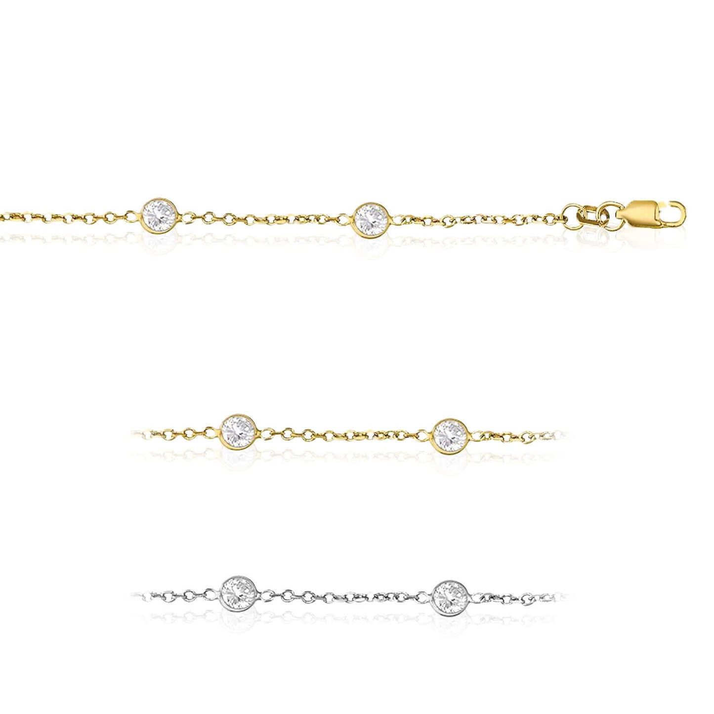 Real 14K Gold Solid Yellow White Cable Link Bezel-Set CZ By The Yard Bracelet 7"