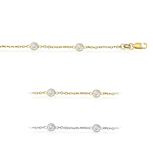 Real 14K Gold Solid Yellow White Cable Link Bezel-Set CZ By The Yard Bracelet 7"