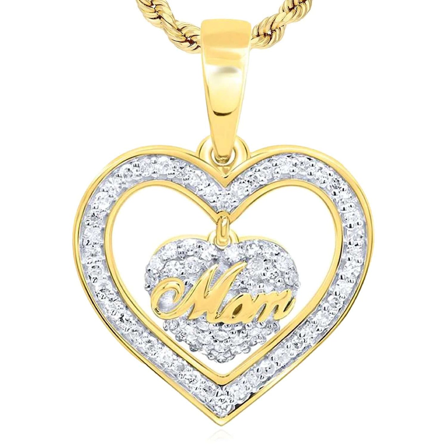 0.20CTW Real Diamond Real 14K Gold "Mom" Heart Pendant 0.87"