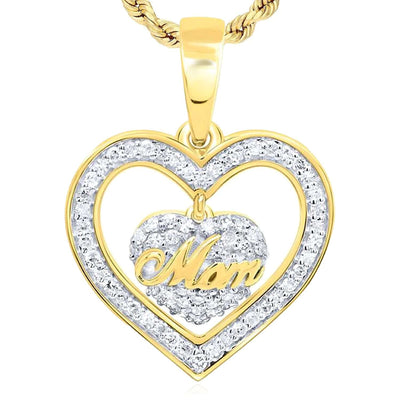 0.20CTW Natural Diamond Real 14K Gold "Mom" Heart Pendant 0.87" - WJD Exclusives