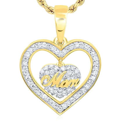 0.20CTW Real Diamond Real 14K Gold "Mom" Heart Pendant 0.87"