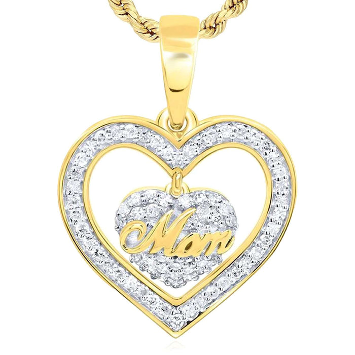 0.20CTW Natural Diamond Real 14K Gold "Mom" Heart Pendant 0.87" - WJD Exclusives