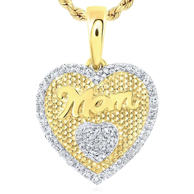 0.20CTW Natural Diamond Real 14K Gold Textured "Mom" Heart Pendant 0.8" - WJD Exclusives