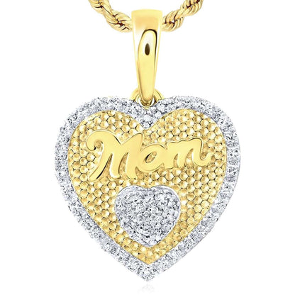 0.20CTW Real Diamond Real 14K Gold Textured "Mom" Heart Pendant 0.8"