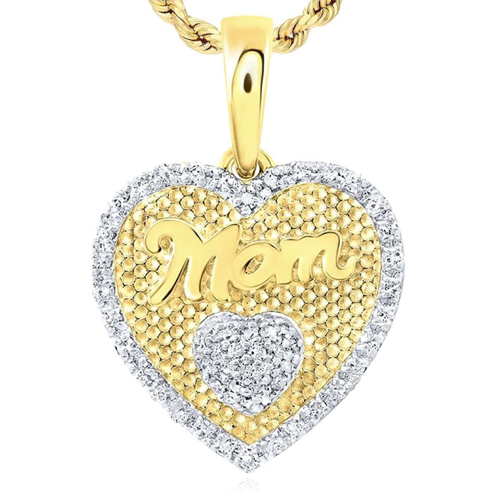 0.20CTW Natural Diamond Real 14K Gold Textured "Mom" Heart Pendant 0.8" - WJD Exclusives