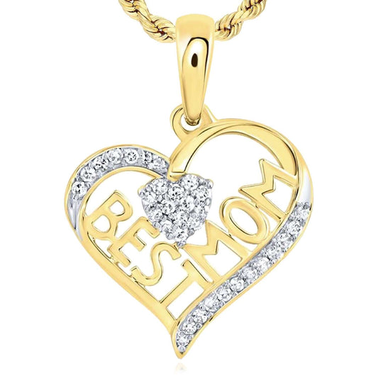 0.10 CTW Real Diamond Real 10K Gold "Best Mom" Heart Pendant 0.6"