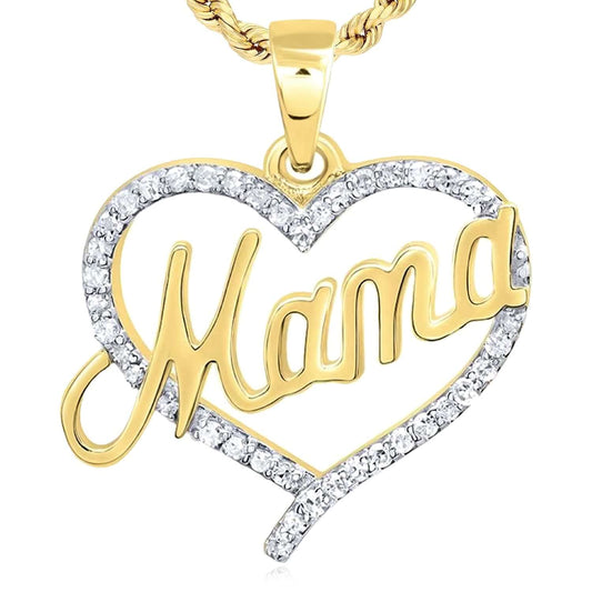 0.15CTW Real Diamond Real 14K Gold "Mama" Heart Pendant 0.6"