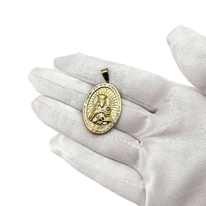 10 Yellow Gold 0.20CTW CZ Ruby Virgin Mary Oval Pendant 1.6" - WJD Exclusives