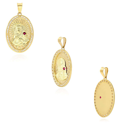 Real 10k Gold 0.20CTW CZ Ruby Virgin Mary Oval Pendant 1.6"