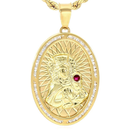 Real 10k Gold 0.20CTW CZ Ruby Virgin Mary Oval Pendant 1.6"
