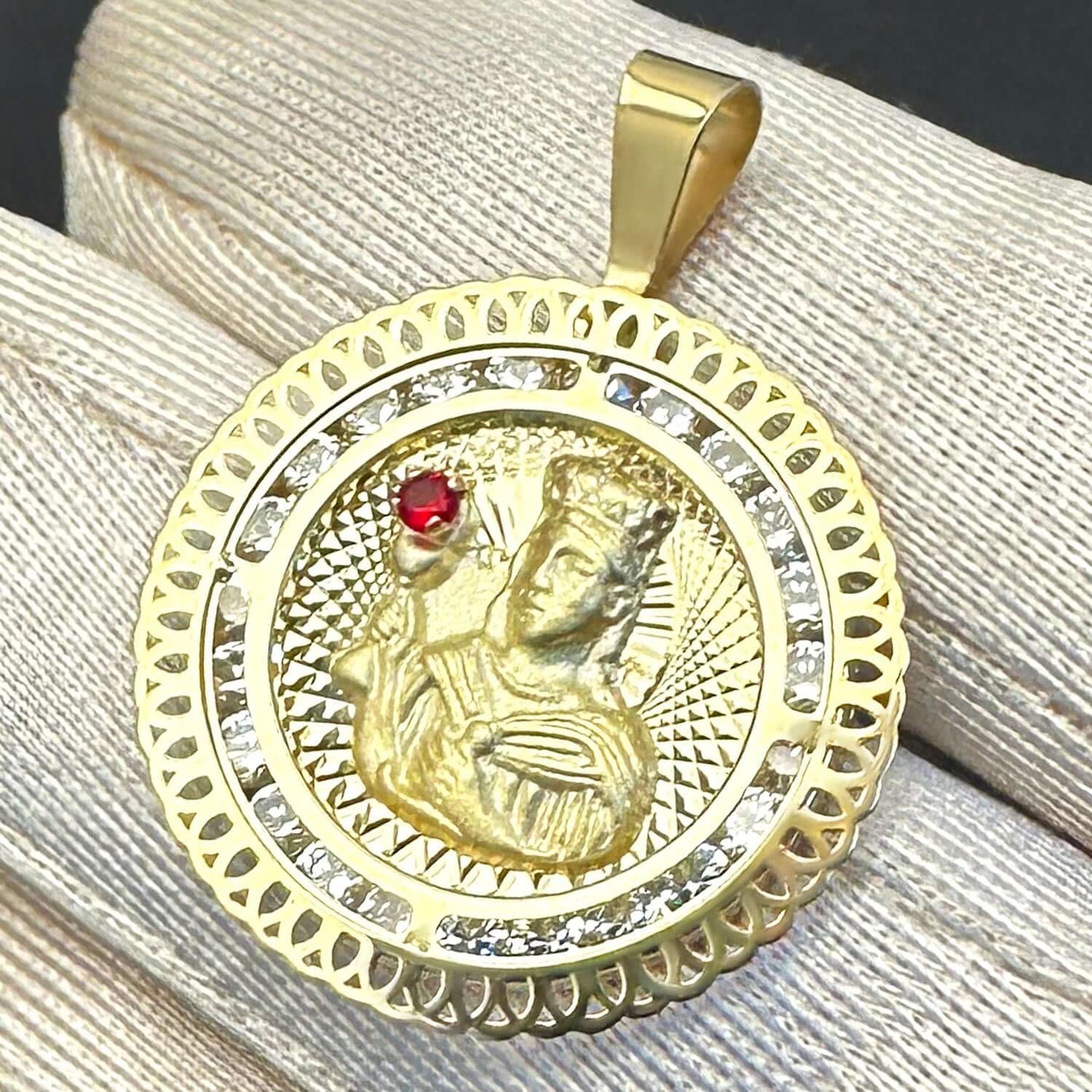 Real 10K Yellow Gold CZ & Red Ruby Santa Barbara Pendant 1.2"