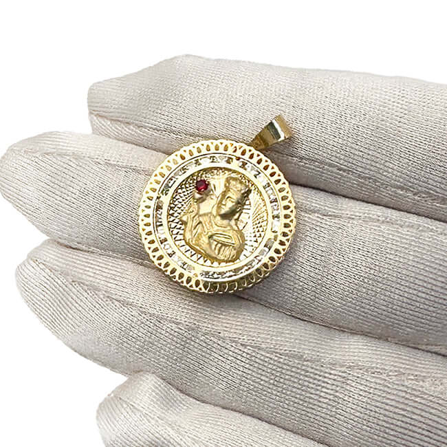 Real 10K Yellow Gold CZ & Red Ruby Santa Barbara Pendant 1.2"