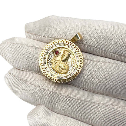 Real 10K Yellow Gold CZ & Red Ruby Santa Barbara Pendant 1.2"