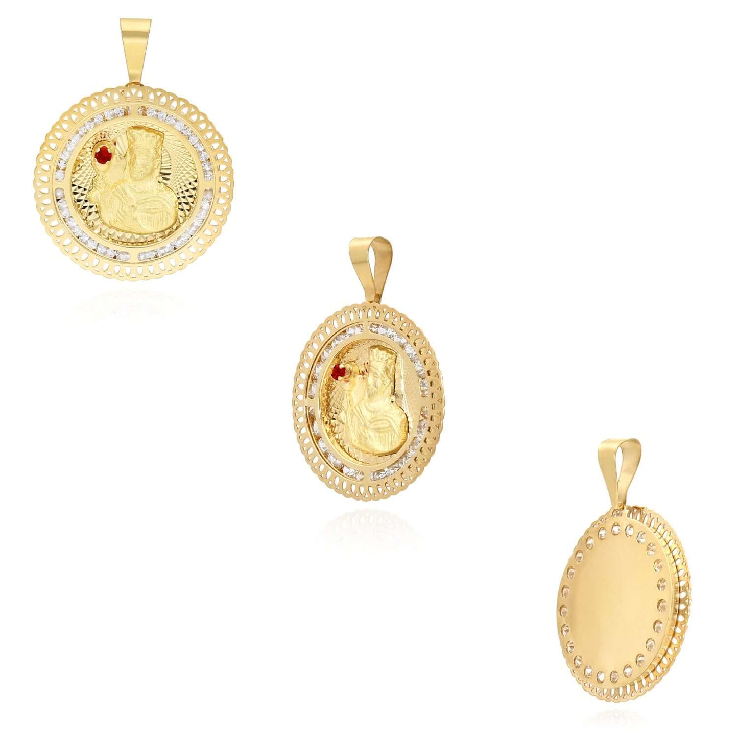 Real 10K Yellow Gold CZ & Red Ruby Santa Barbara Pendant 1.2"