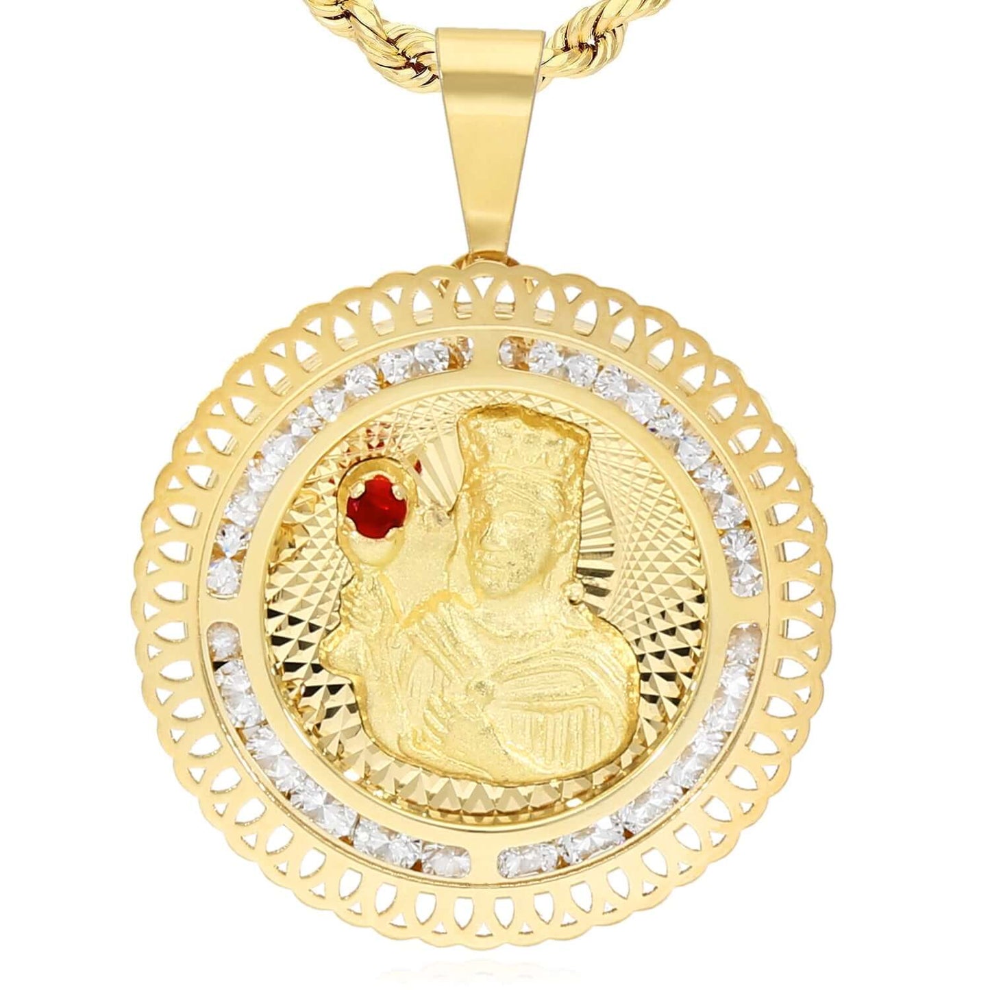 Real 10K Yellow Gold CZ & Red Ruby Santa Barbara Pendant 1.2"