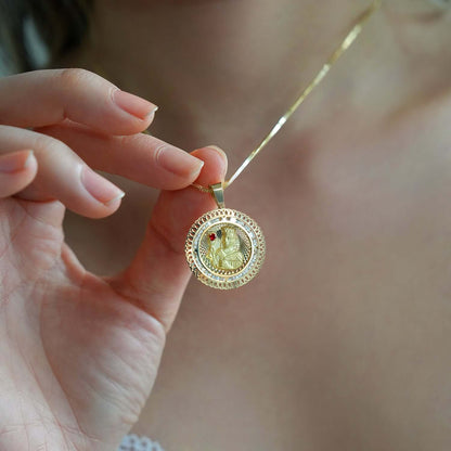 Real 10K Yellow Gold CZ & Red Ruby Santa Barbara Pendant 1.2"