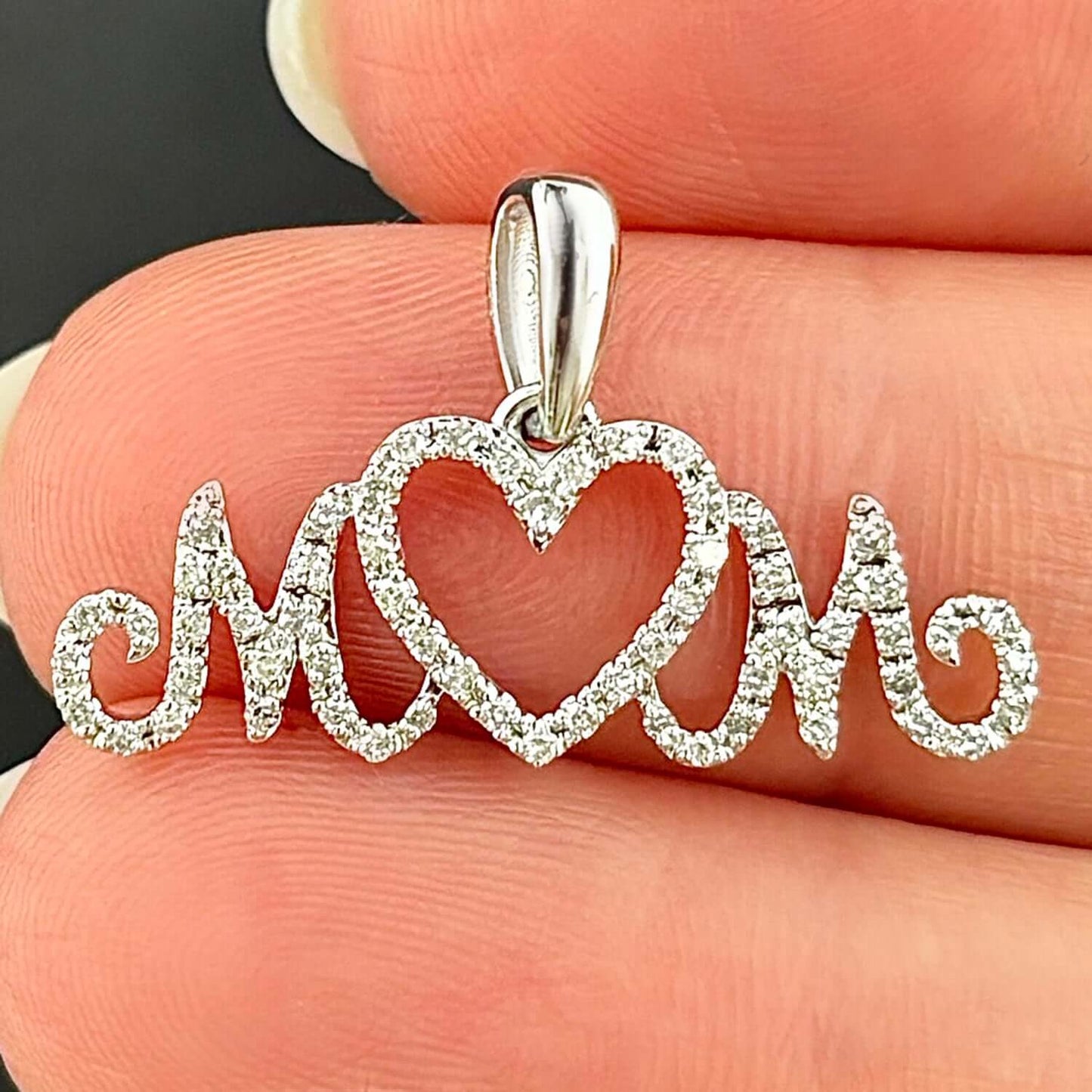 0.20CTW Natural Diamond Real 10K White Gold "MOM" Pendant 0.5" - WJD Exclusives