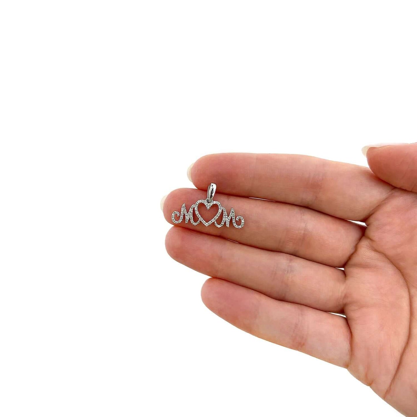 0.20CTW Natural Diamond Real 10K White Gold "MOM" Pendant 0.5" - WJD Exclusives