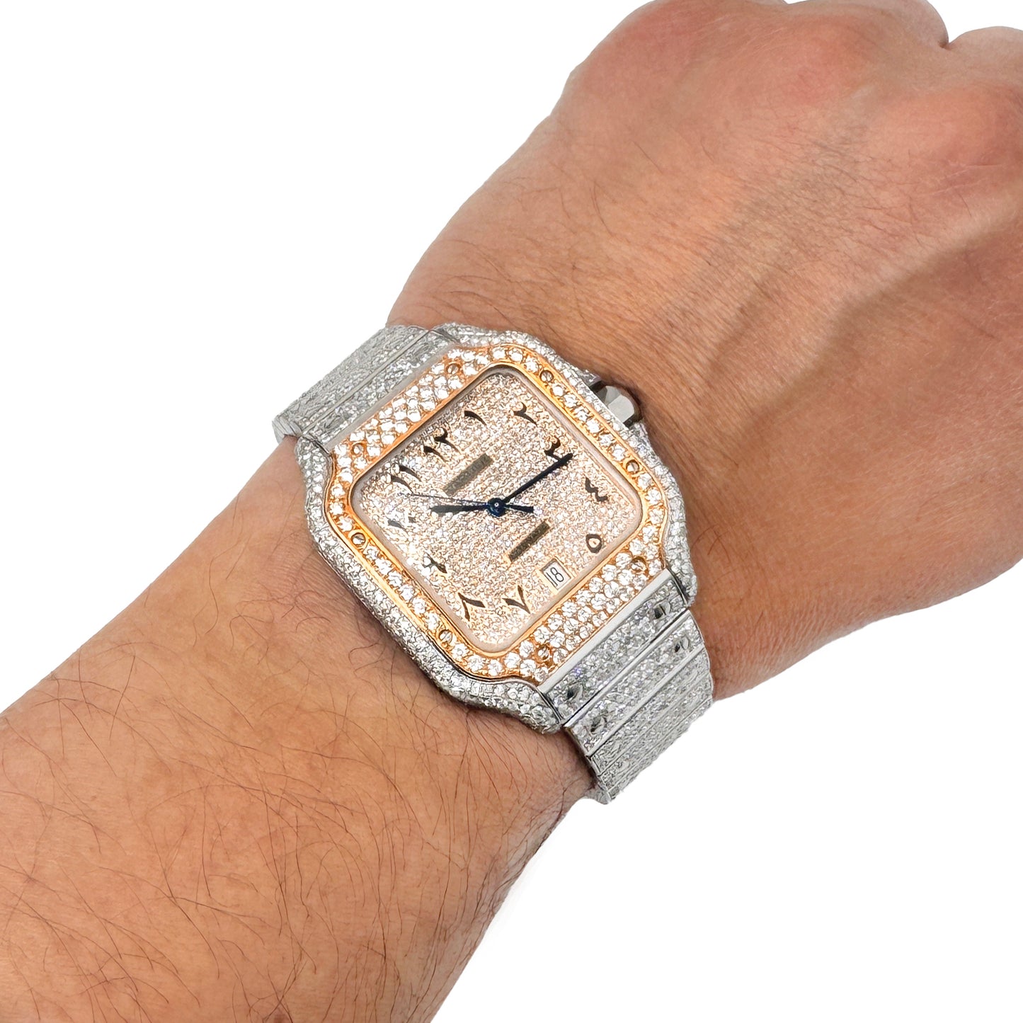 10CTW Natural Diamond Cartier Santos WSSA0018 Custom Full Pave Arabic Dial Automatic Watch