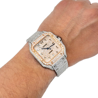 10CTW Natural Diamond Cartier Santos WSSA0018 Custom Full Pave Arabic Dial Automatic Watch