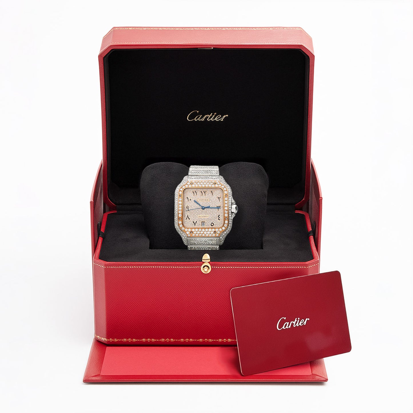 NEW 10CTW Natural Diamond Cartier Santos Large Model Custom Full Pave Arabic Dial Automatic Watch