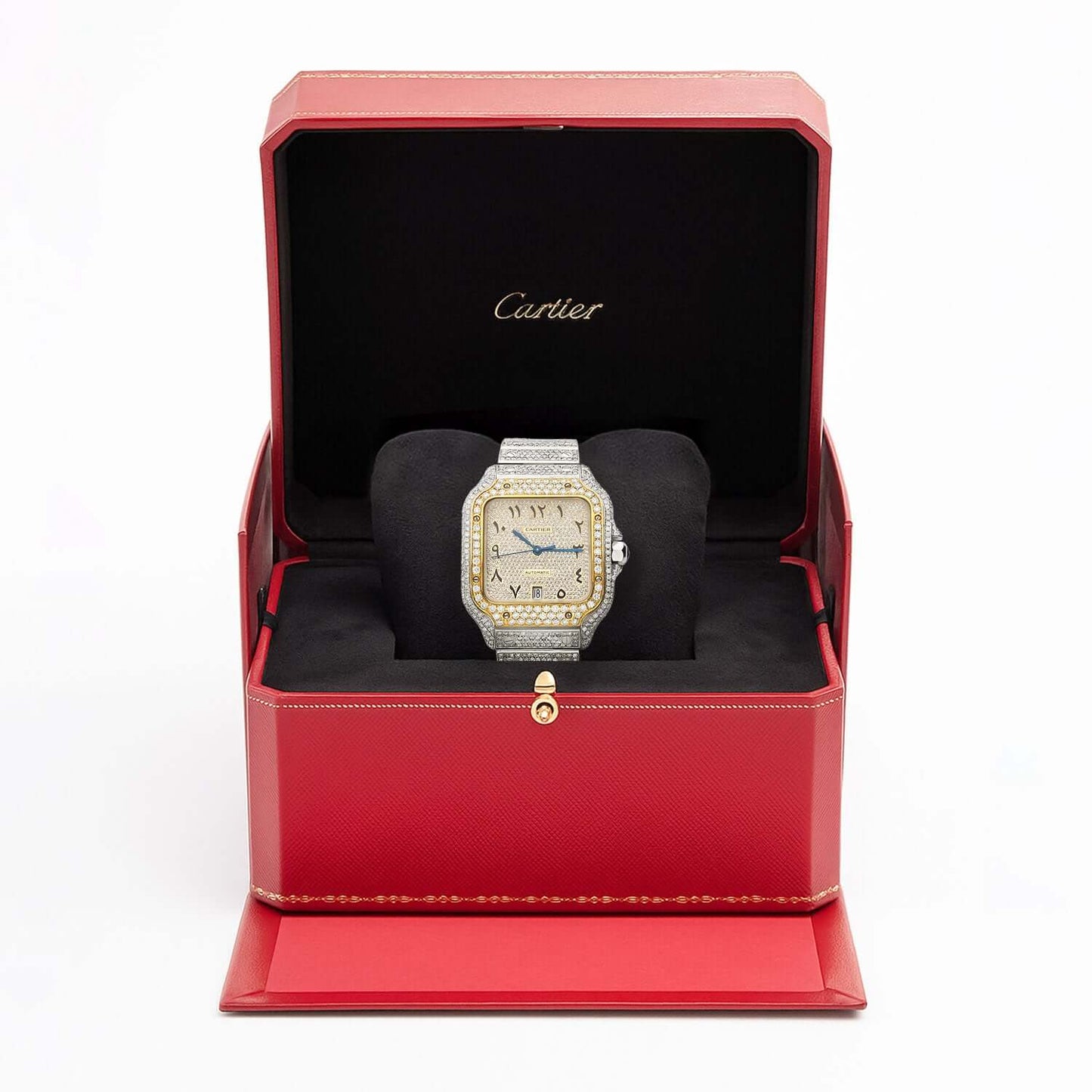 10CTW Natural Diamond Cartier Santos WSSA0018 Custom Full Pave Arabic Dial Automatic Watch - WJD Exclusives