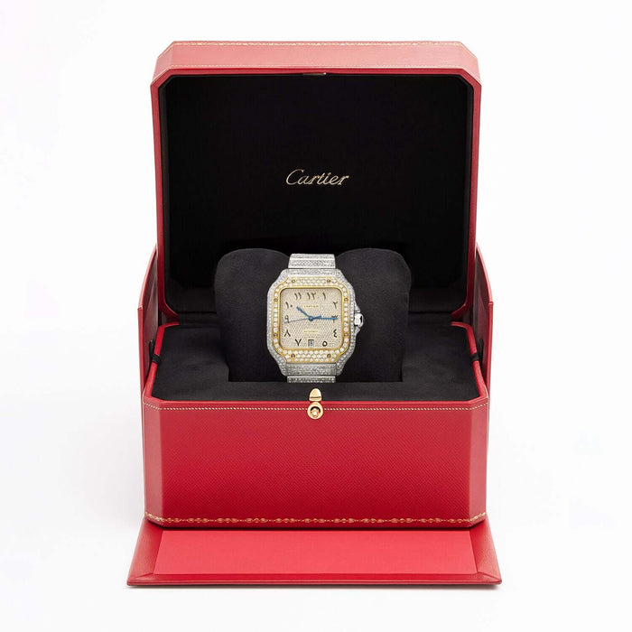 10CTW Natural Diamond Cartier Santos WSSA0018 Custom Full Pave Arabic Dial Automatic Watch - WJD Exclusives