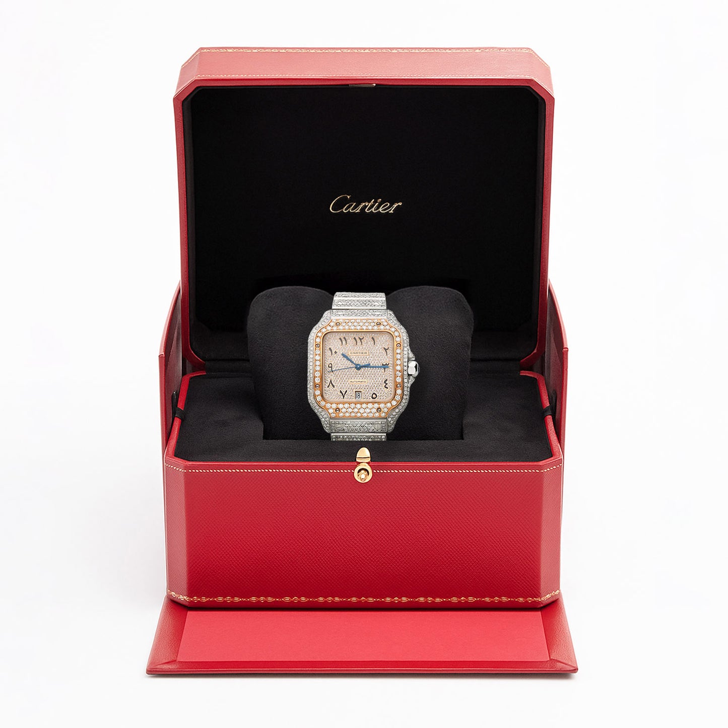 10CTW Natural Diamond Cartier Santos WSSA0018 Custom Full Pave Arabic Dial Automatic Watch