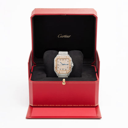 10CTW Natural Diamond Cartier Santos WSSA0018 Custom Full Pave Arabic Dial Automatic Watch