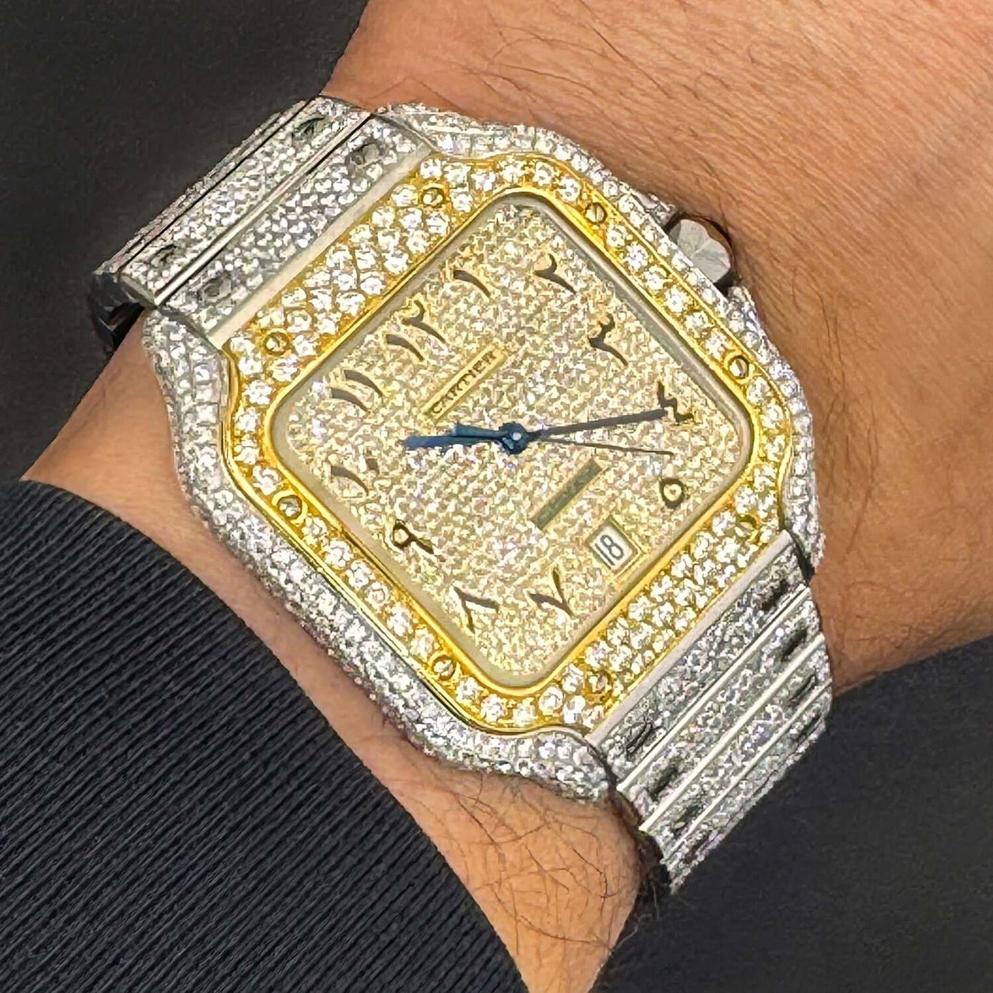 9.75CTW Real Diamond Cartier Santos Custom Full Pave Arabic Dial Automatic Watch