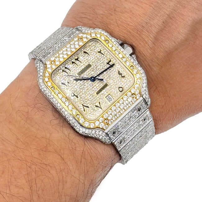 9.75CTW Real Diamond Cartier Santos Custom Full Pave Arabic Dial Automatic Watch