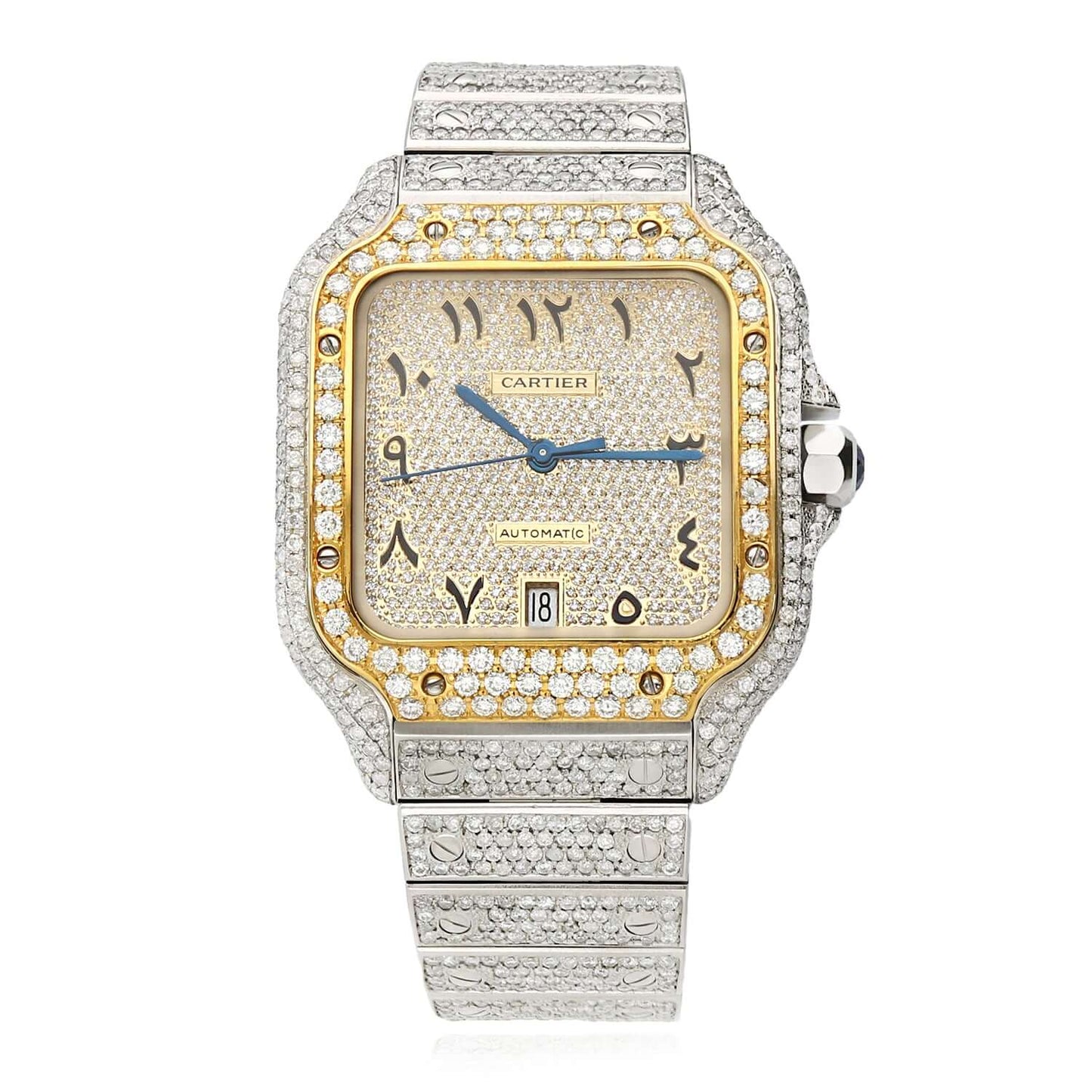 9.75CTW Real Diamond Cartier Santos Custom Full Pave Arabic Dial Automatic Watch