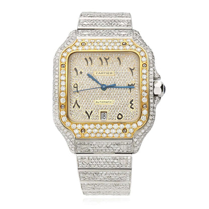 9.75CTW Real Diamond Cartier Santos Custom Full Pave Arabic Dial Automatic Watch
