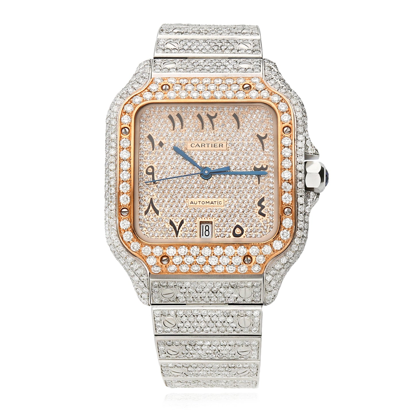10CTW Natural Diamond Cartier Santos WSSA0018 Custom Full Pave Arabic Dial Automatic Watch