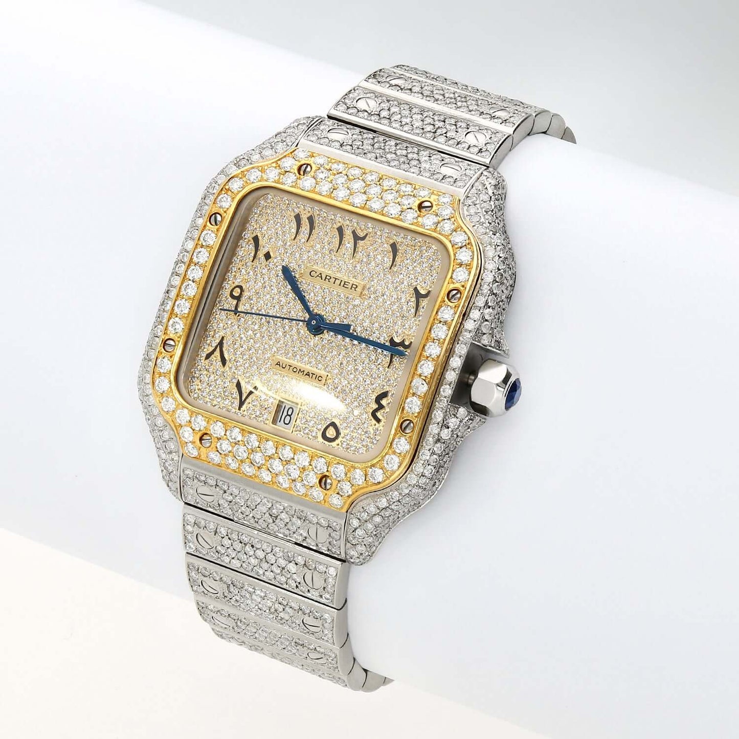 9.75CTW Real Diamond Cartier Santos Custom Full Pave Arabic Dial Automatic Watch