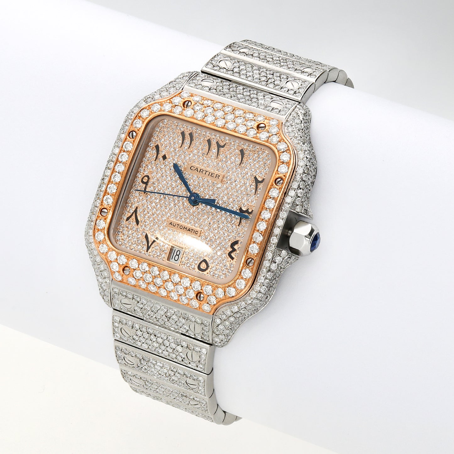 10CTW Natural Diamond Cartier Santos WSSA0018 Custom Full Pave Arabic Dial Automatic Watch