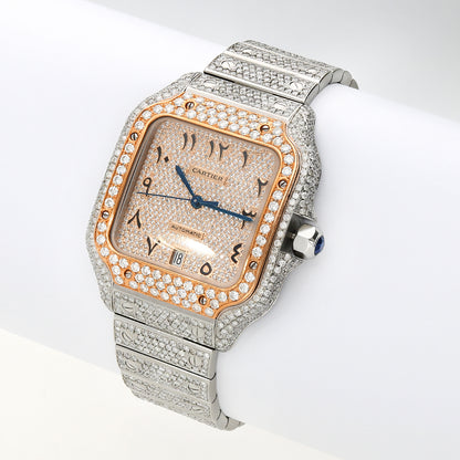 10CTW Natural Diamond Cartier Santos WSSA0018 Custom Full Pave Arabic Dial Automatic Watch