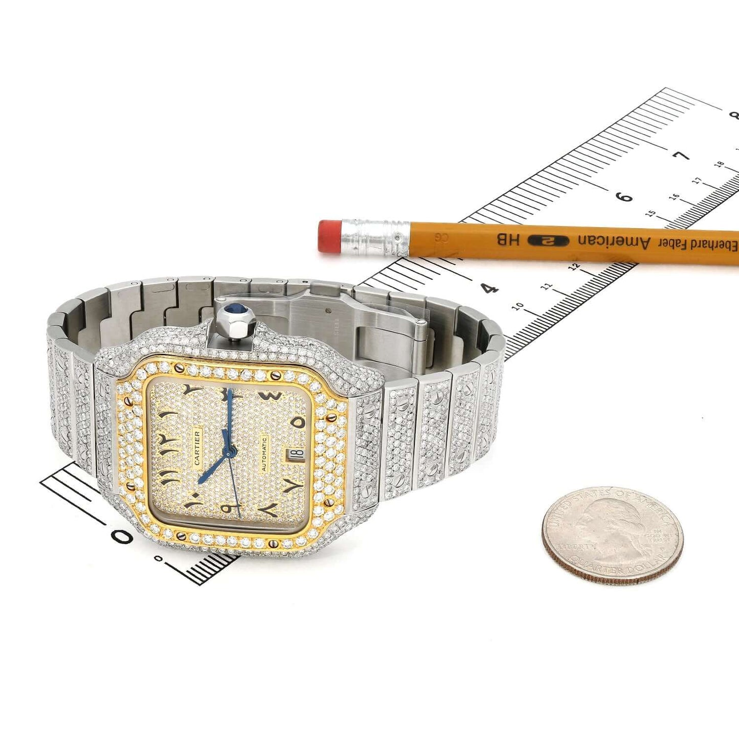 9.75CTW Real Diamond Cartier Santos Custom Full Pave Arabic Dial Automatic Watch