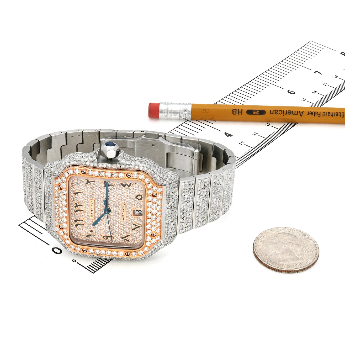 10CTW Natural Diamond Cartier Santos WSSA0018 Custom Full Pave Arabic Dial Automatic Watch