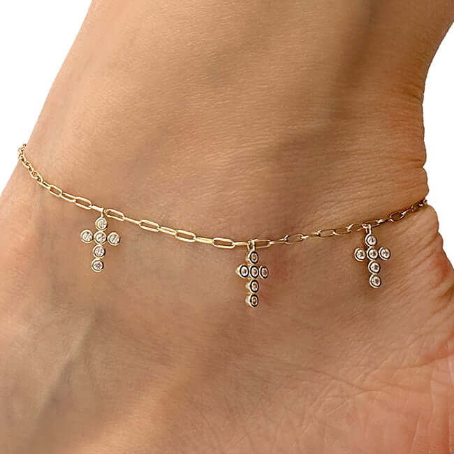 18K Yellow Gold Over Sterling Silver 2mm Paperclip CZ Cross Charm Adjustable Ankle Bracelet (Solid Links) 9" - 10" - WJD Exclusives