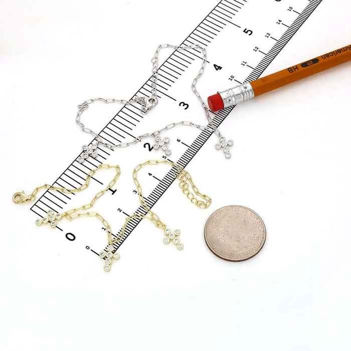 18K Yellow Gold Over Sterling Silver 2mm Paperclip CZ Cross Charm Adjustable Ankle Bracelet (Solid Links) 9" - 10" - WJD Exclusives