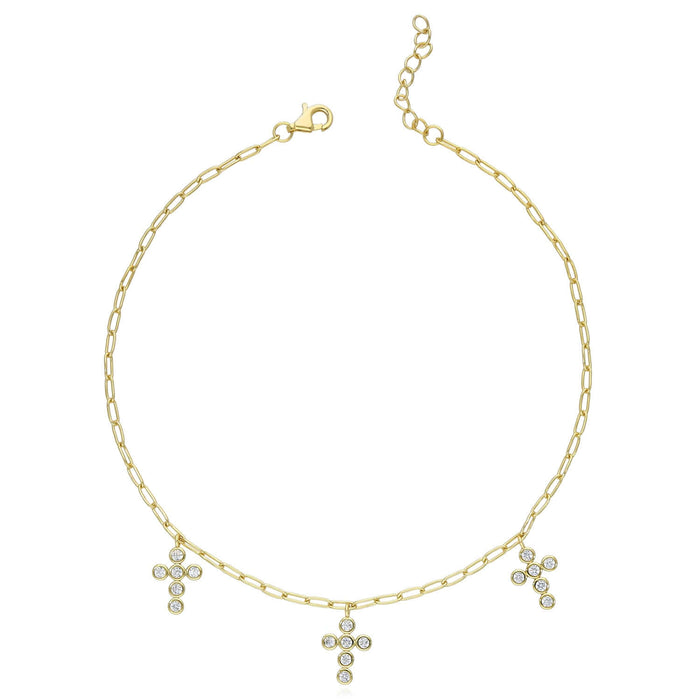 18K Yellow Gold Over Sterling Silver 2mm Paperclip CZ Cross Charm Adjustable Ankle Bracelet (Solid Links) 9" - 10" - WJD Exclusives