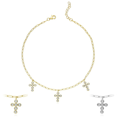 18K Yellow Gold Over Sterling Silver 2mm Paperclip CZ Cross Charm Adjustable Ankle Bracelet (Solid Links) 9" - 10" - WJD Exclusives