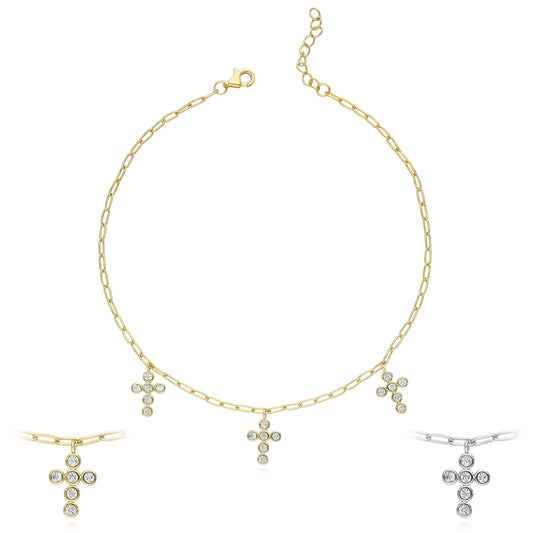Gold Over Silver 2mm Paperclip CZ Cross Charm Ankle Bracelet Adjustable 9"-10"