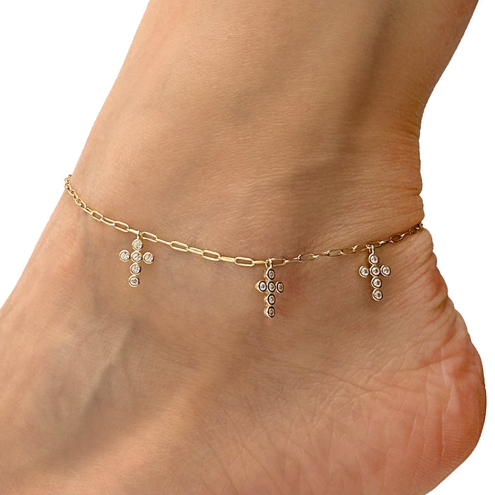18K Yellow Gold Over Sterling Silver 2mm Paperclip CZ Cross Charm Adjustable Ankle Bracelet (Solid Links) 9" - 10" - WJD Exclusives