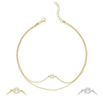 18K Yellow Gold Over Sterling Silver CZ Charm 1mm Double Link Adjustable Ankle Bracelet (Solid Links) 9" - 10" - WJD Exclusives