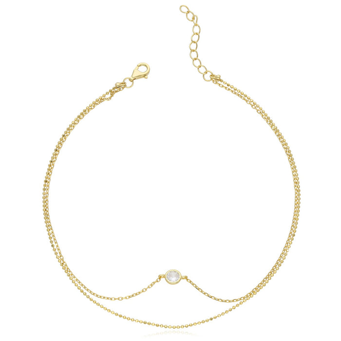 18K Yellow Gold Over Sterling Silver CZ Charm 1mm Double Link Adjustable Ankle Bracelet (Solid Links) 9" - 10" - WJD Exclusives