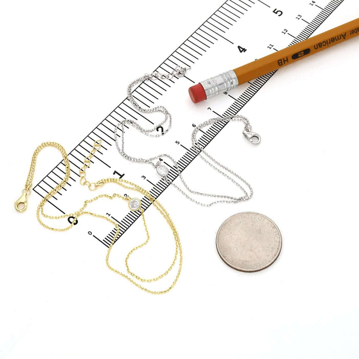 18K Yellow Gold Over Sterling Silver CZ Charm 1mm Double Link Adjustable Ankle Bracelet (Solid Links) 9" - 10" - WJD Exclusives