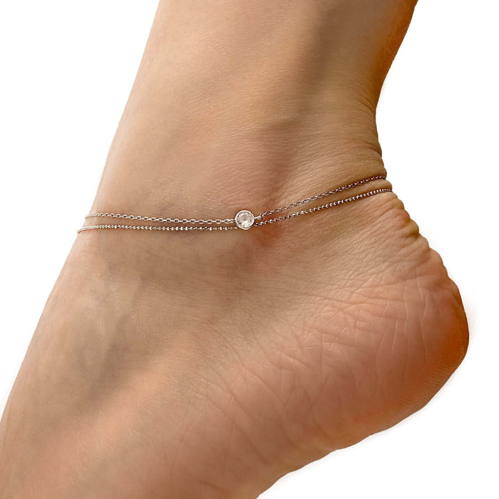 18K Yellow Gold Over Sterling Silver CZ Charm 1mm Double Link Adjustable Ankle Bracelet (Solid Links) 9" - 10" - WJD Exclusives