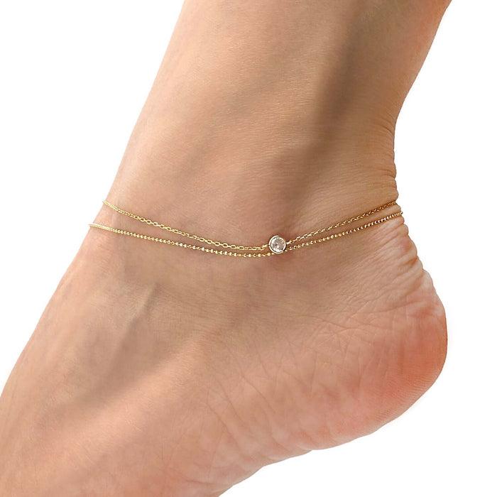 18K Yellow Gold Over Sterling Silver CZ Charm 1mm Double Link Adjustable Ankle Bracelet (Solid Links) 9" - 10" - WJD Exclusives